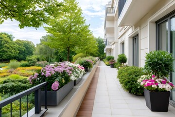 Naklejka premium Long apartment balcony with blooming flowers and green trees