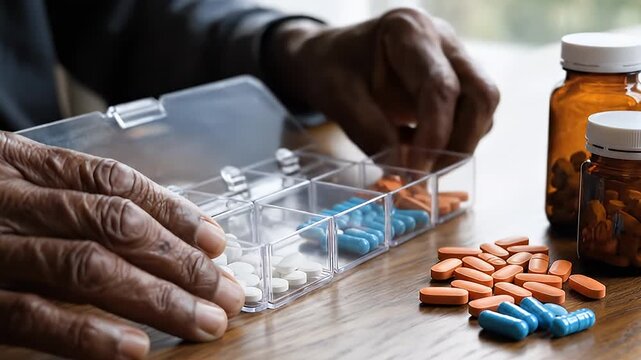 Close up video of pills being counted and organized.
