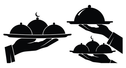 Hands serving food under cloche lids in a minimalist black and white illustration © Mafia