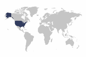 Fototapeta premium Full 2D World Map Vector with USA Highlighted in Navy Blue.