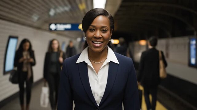 Business Professional Smiling on Subway Platform