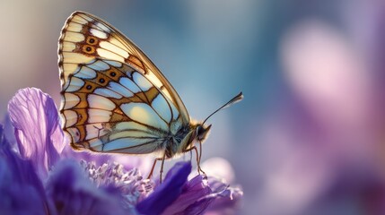 Obraz premium Close up of a butterfly with detailed wing patterns on a purple flower