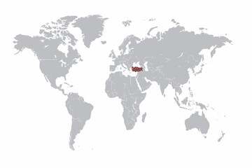 Full 2D World Map Vector with Turkey Highlighted in Dark Red.