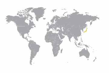Fototapeta premium Full 2D World Map Vector with South Korea Highlighted in Deep Blue.