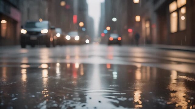 City street with reflective puddles