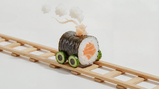 Creative sushi roll car on bamboo tracks