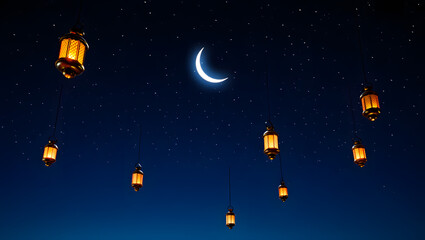 Fototapeta premium Multiple antique-style glowing lanterns float gracefully beneath a bright crescent moon in a deep, starry night sky.