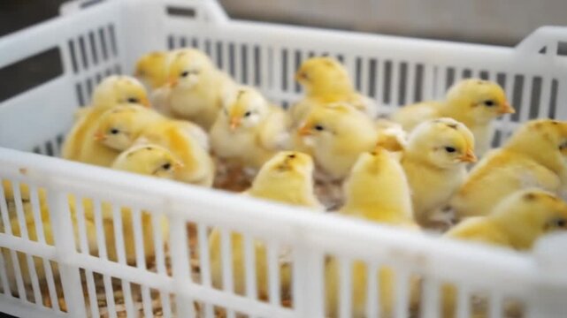 Group of Yellow Chicks in Plastic Crate