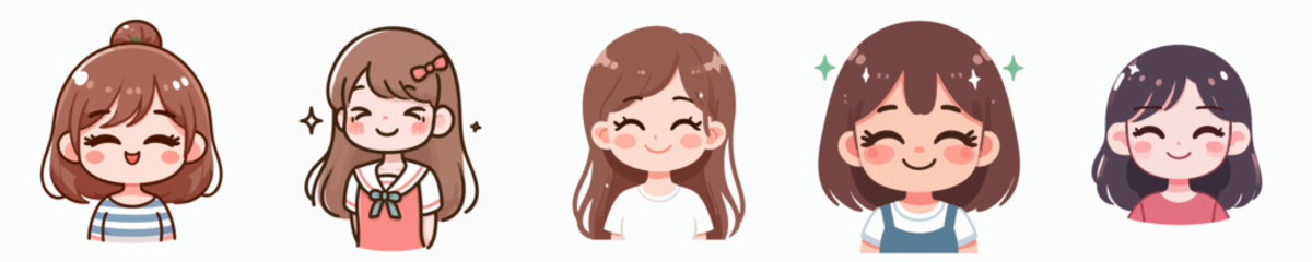 Obraz premium Cute Kawaii Style Diverse Girl Character Collection Cartoon Illustration