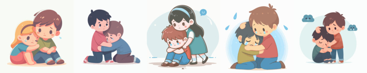 Cute Handdrawn Comforting and Embracing Each Other Cartoon Illustration