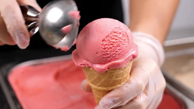  Scooping Pink Ice Cream into Waffle Cone