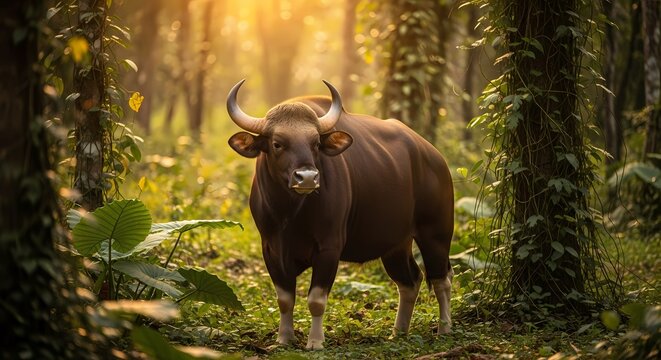 A majestic gaur, also known as an Indian bison, stands gracefully in a sun-dappled, vibrant green tropical forest, surrounded by ancient trees and lush foliage.