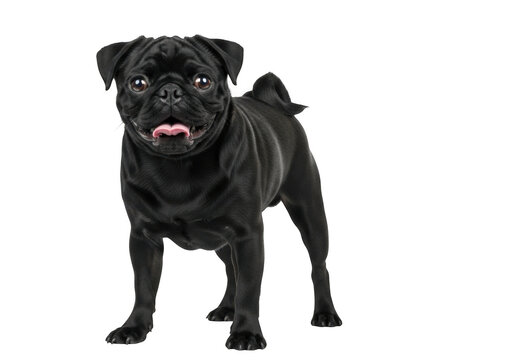 A black pug dog standing and looking forward with its tongue out isolated on transparent background
