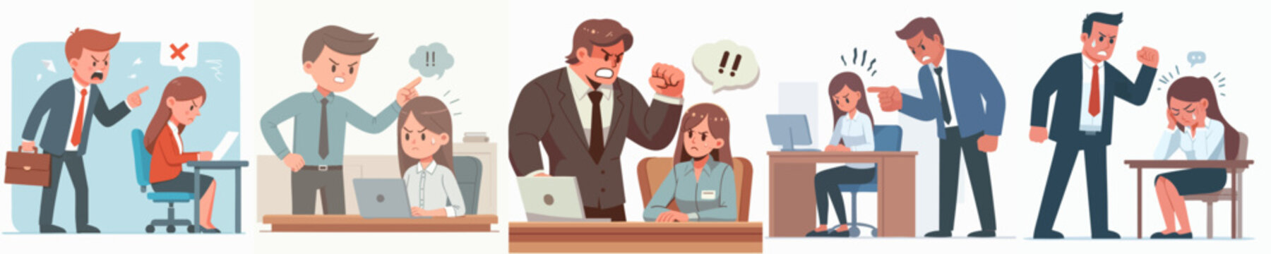 Flat Illustration of Toxic Workplace with Bad Boss Scolding Employee