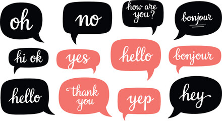 Hand lettered speech bubble illustration set with hello yes thank you and greeting phrases in modern flat style for chat messaging and typography designs © MdNazmul