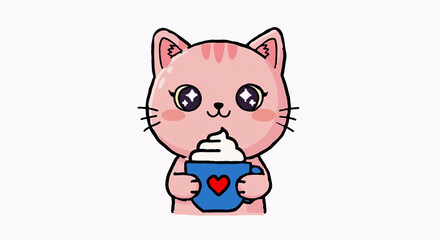 Obraz premium Adorable pink cat enjoying coffee with whipped cream