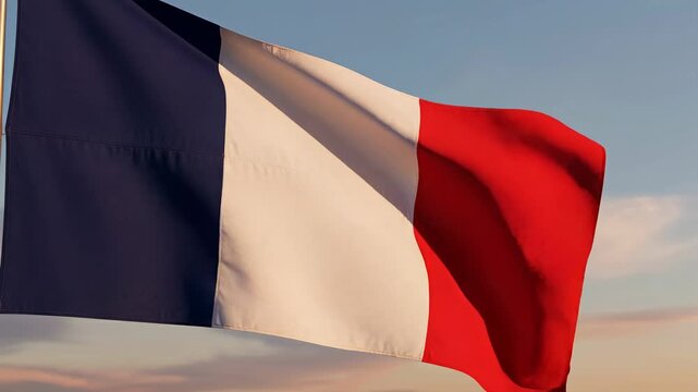 French Flag Waving in Blue Sky 4K Video