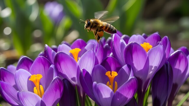 Golden honeybee hovering above a cluster of vibrant purple crocus flowers with bright orange stamens, capturing the lively energy of early spring pollination and the delicate partnership between bloss