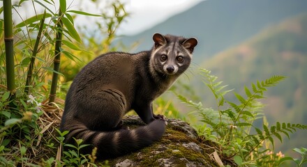 Obraz premium A beautiful Asian palm civet with distinctive facial markings sits on a mossy rock amidst lush green foliage and distant mountains.