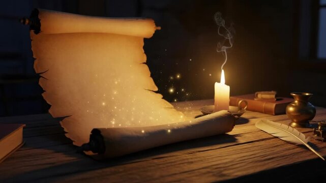 Old scroll on a wooden desk with a burning candle, quill and magical floating particles creating a mysterious fantasy atmosphere.