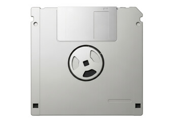 A 3.5-inch floppy disk with a label and a sliding metal shutter, commonly used for data storage in the 1980s and 1990s, isolated on transparent background