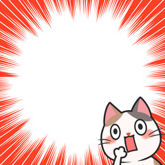 集中線　猫　枠　効果線　素材　驚く　びっくり　衝撃　サンバースト　ポップ　コミカル　デフォルメ　シンプル　見出し　タイトル　キャンペーン　Cartoon surprised cute cat frame.Comic kitty face.starburst,sunburst