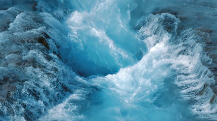 Fototapeta premium Bruarfoss waterfall aerial view, abstract blue and white water patterns, Iceland landscape, natural texture, flowing river, high contrast, outdoor scenery, top-down perspective