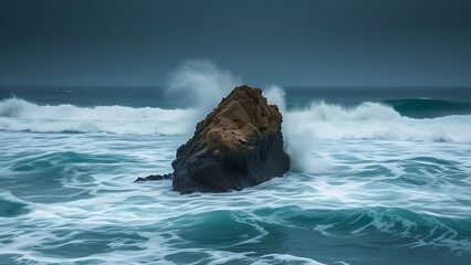 Fototapeta premium crashing. Sturdy reef rock on a coastline with massive waves crashing against it during a storm. ESG reports, sustainability campaigns, designed for sustainability communications and ESG reporting.