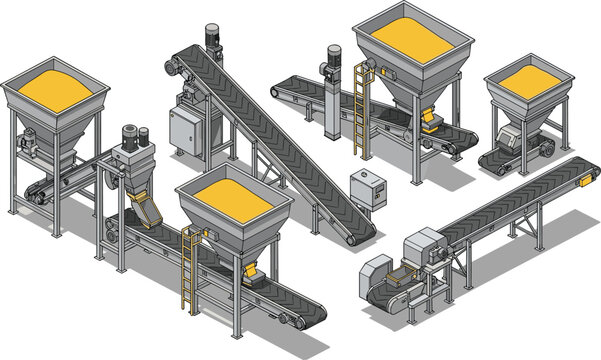 Isometric Industrial Conveyor Belt System Set, Vector Illustration of Automated Manufacturing Machinery, Grain Silo Hoppers, and Factory Logistics Equipment.