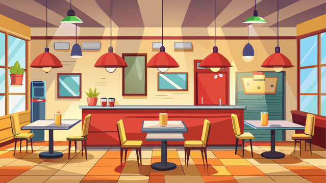 Minimal cartoon vector of a restaurant interior, wide empty space, few tables, simple layout, plain walls, soft lighting, flat style, clean modern look