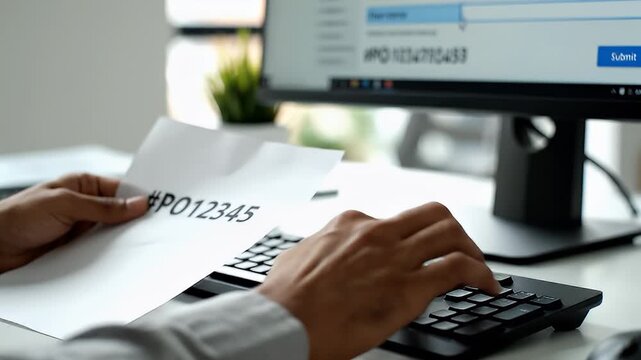 Video of typing on keyboard during finance data entry with card present.