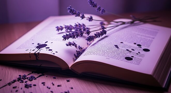 An open book adorned with delicate lavender sprigs, with a scattering of ink blots suggesting a story unfolding on the pages