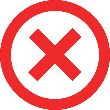 Vector illustration of red X mark inside circle icon symbolizing error, wrong answer, prohibition, disapproval, and negative status