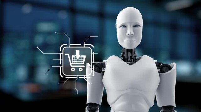 A futuristic robot showcasing a digital shopping cart icon amidst a backdrop of advanced technology, symbolizing the evolution of e-commerce and online shopping trends. Synapse