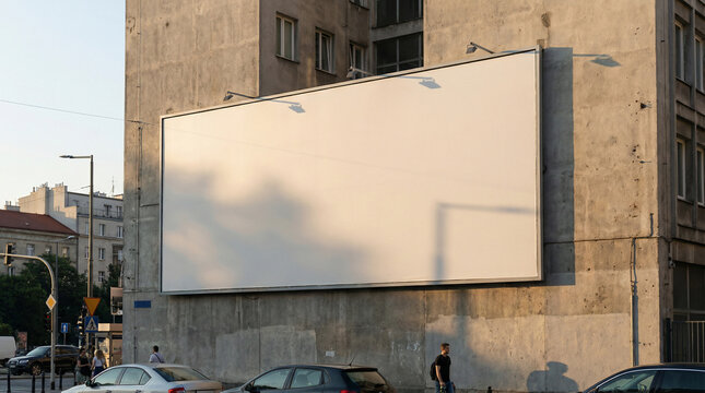 Photorealistic blank outdoor advertisement billboard mounted on a gray concrete building in a vibrant urban city street, offering prime space for marketing campaigns and mockups