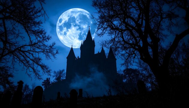 A spooky night scene with a gothic castle silhouette under a large full moon, surrounded by silhouetted trees and tombstones