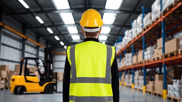 Warehouse worker in safety gear inspecting storage facility