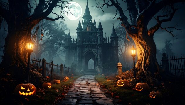 A spooky night scene with a moonlit, gothic castle, jack-o'-lanterns, and bare trees lining a path. The atmosphere is dark and foreboding