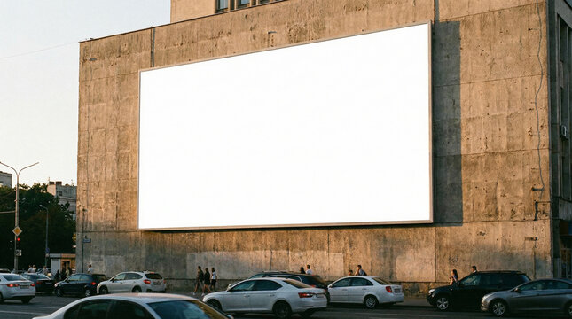Massive Blank Billboard Mounted on Concrete Building Facade Illuminated by Soft Sunlight