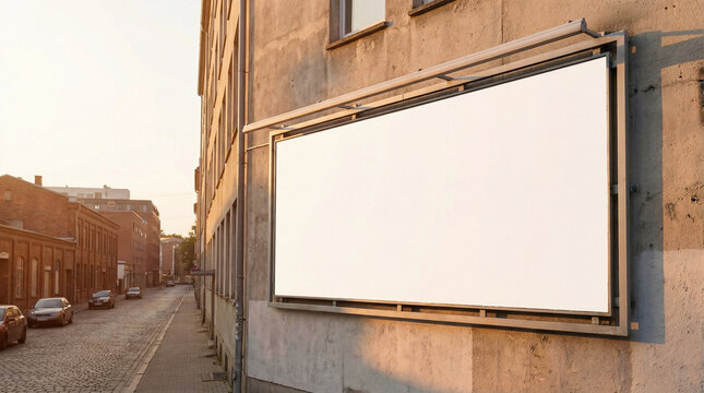 Blank billboard on a building exterior with a street and cars in the background