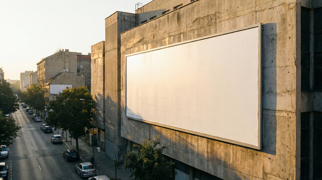 Large blank billboard on a concrete building facade overlooking a city street at sunset
