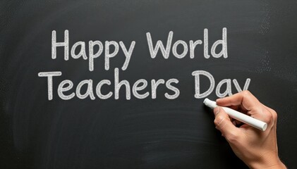 Fototapeta premium World Teacher's Day: A hand writing Happy World Teacher's Day with chalk on blackboard, perfect for celebrating educators and the teaching profession.