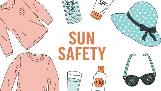 Sun safety illustration set with sunscreen, protective clothing, hat and sunglasses in flat vector style for summer health, skincare and outdoor awareness design