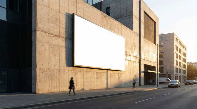 Large blank billboard mockup on a modern concrete building facade in an urban city setting, ideal for outdoor advertising, marketing promotions, and brand display with ample copy space