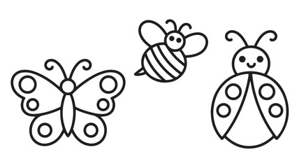 Cartoon insects in simple line art style with minimalist black outline on white background for childrens education
