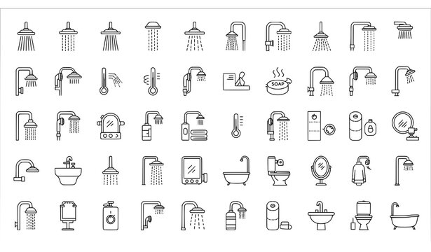 Minimal outline shower icon collection of 80 symbols for UI and web design