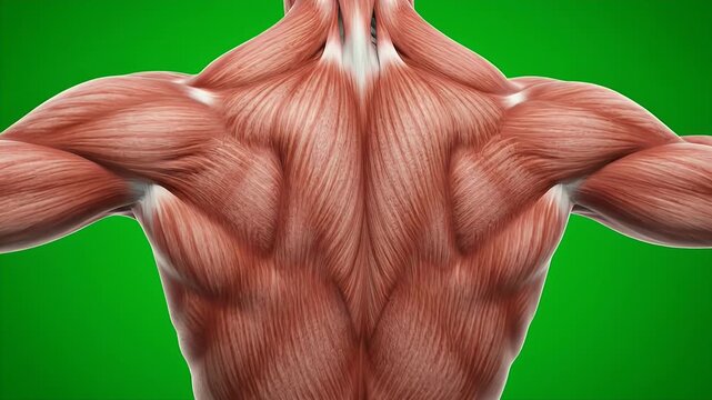 Detailed 3D Rendering of Upper Back Musculature on Green Screen for Medical Visualization Anatomical Study Educational