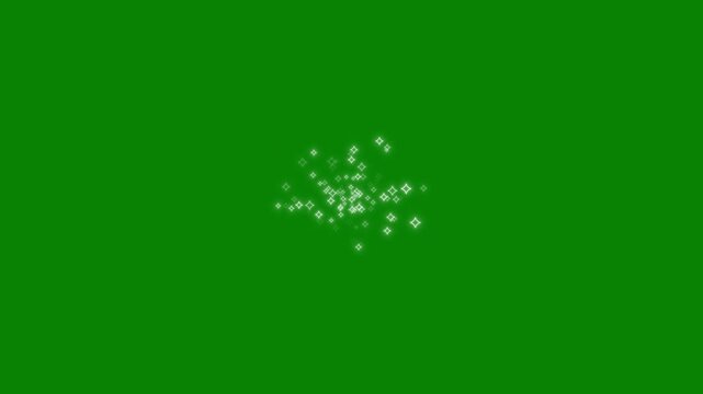White glowing twinkle stars animation with sparkling glitter dust trail, blinking retro vector star doodles, magic particle burst, 2D flat sparkle effect overlay on green screen 4K.