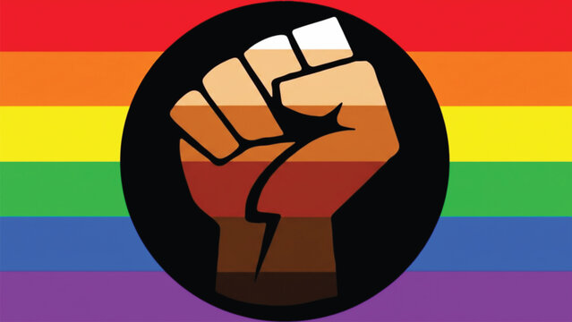 A vector illustration featuring a raised fist, colored with shades representing Black and Brown skin tones, centered within a black circle, superimposed over the Progress Pride Flag background.