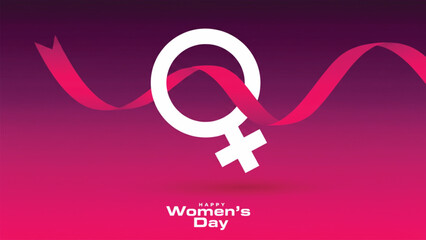 Happy womens day celebration graphic featuring a white female gender symbol intertwined with a flowing pink ribbon against a vibrant magenta and purple gradient background. © SWEET